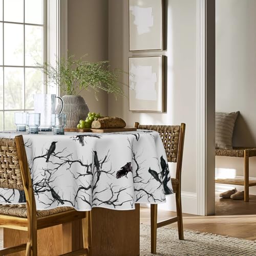 Halloween Tablecloth 90x90 Inch Round Crow Tree Decor - Black