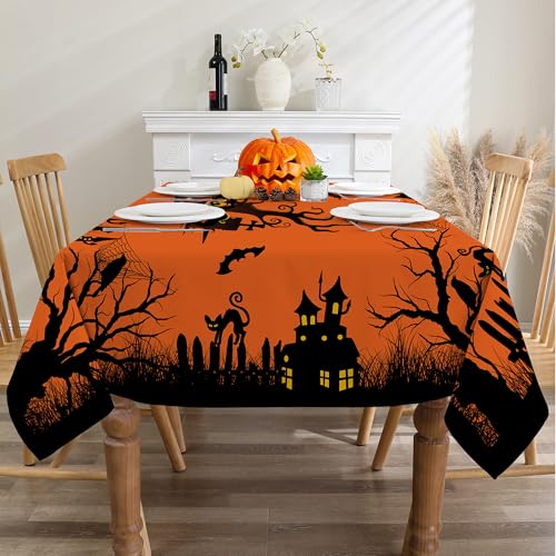 Halloween Tablecloth 60x84 Inches - Orange Castle Decor for Parties