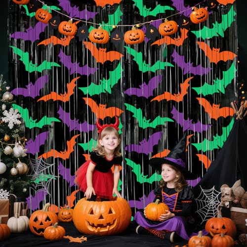 Bat Foil Fringe Curtains - Purple, Green, Orange Halloween Door Streamers for Photo Backdrop