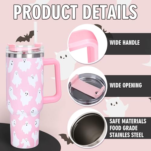 Pink Ghost Halloween Tumbler 40 oz Travel Coffee Cup with Handle & Straw