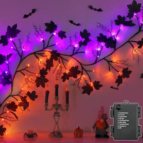 9 FT Halloween Vine Twig Garland with LED Lights and Black Leaves for Indoor Outdoor Decor