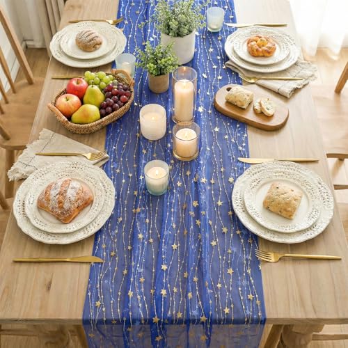 Dark Blue 10FT Glitter Stars Table Runner - 28x120 Inch Wedding Party Decor