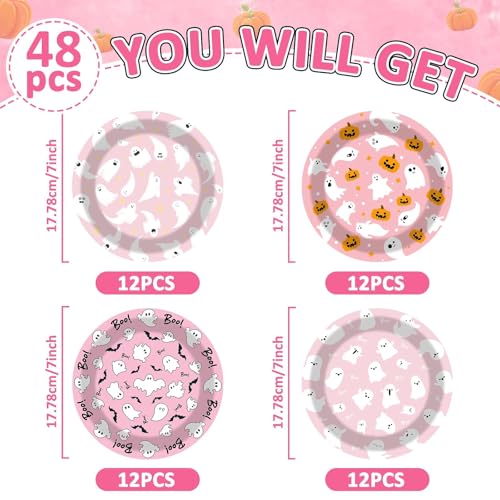 Pink Halloween Ghost Disposable Paper Plates - 48 Pack, Cute Pumpkin Party Tableware