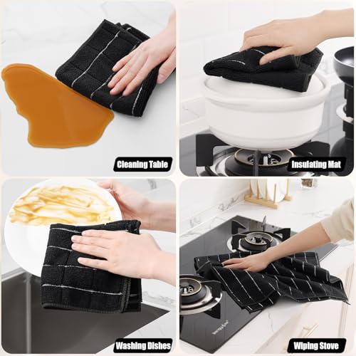 Homaxy Microfiber Kitchen Towels and Dishcloths Set - Black Plaid - 12 Pack