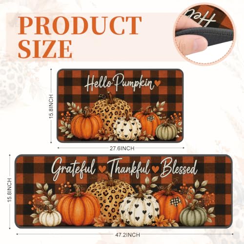 Fall Kitchen Rugs Set of 2 - Pumpkin Buffalo Plaid with Orange & Black Variation