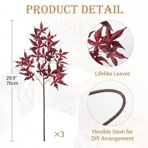 Artificial Maple Leaves Branches 30-Inch Fall Faux Bushes for Thanksgiving Decor - Red