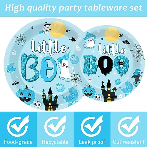 Halloween Little Boo Blue Party Plates Napkins Forks Set - Baby Shower & Costume Celebration