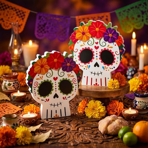 Day of The Dead Sugar Skull Table Decorations with Flower - 2 Pcs Mexican Festive Decor