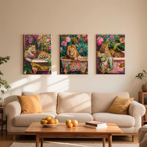 Large Bathroom Leopard Wall Art - 3 Piece Jungle Animal Canvas Prints 16x24in Framed - Variation of 24L x 16W