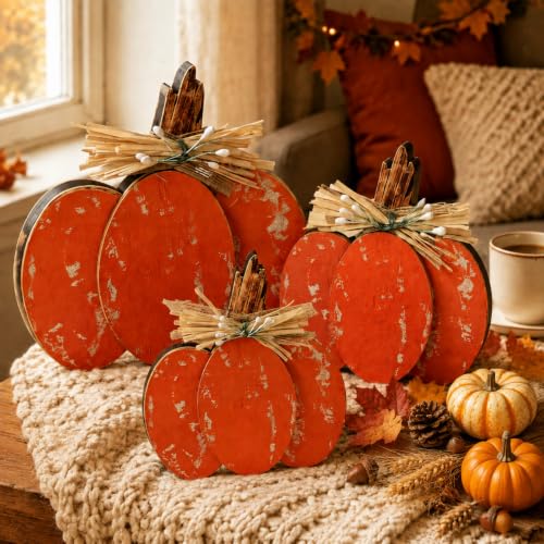Rustic Fall Wooden Pumpkin Decor Set - 3 Pcs Tabletop Autumn Decorations - 4, 6, 8 Inches with Distressed Finish & Raffia Bows