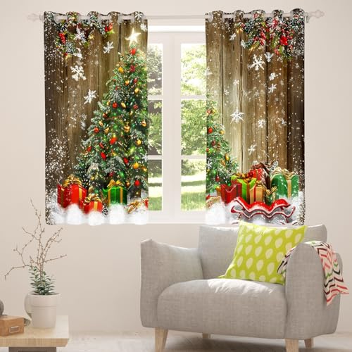 Blackout Christmas Tree Curtains Set - Snowflake Pattern, 42x84 Inches, Red Green Brown White, 2 Panels