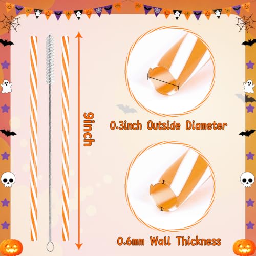 Reusable Orange White Striped Drinking Straws Set - Halloween & Fall Party Supplies