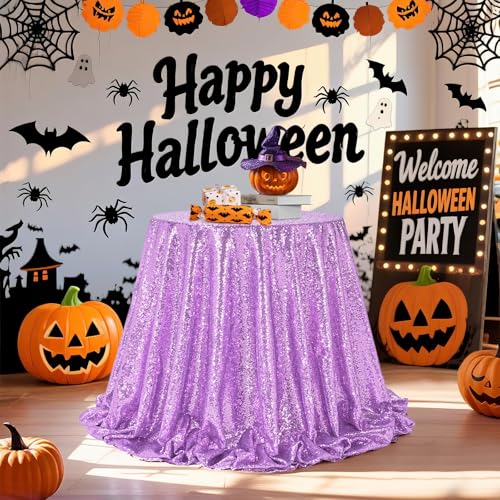 Light Purple Sequin Round Tablecloth 132 Inch - Glitter Party Decor Variation