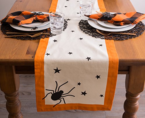 Halloween Table Runner 72x14 Inches Black Stars Spiders Orange Border Cotton