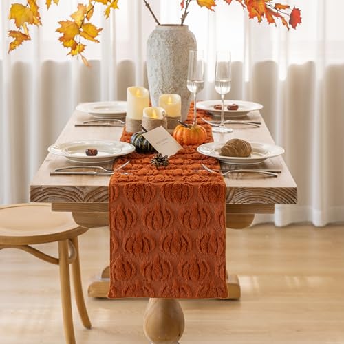 Thanksgiving Table Runner with Faux Fur Pumpkin Design - Fall Decor, 13x72 Inches - Fall / 72x13