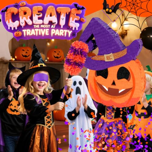 Funny Pumpkin Halloween Piñata with Witch Hat - Large 20 Inch Party Game Set