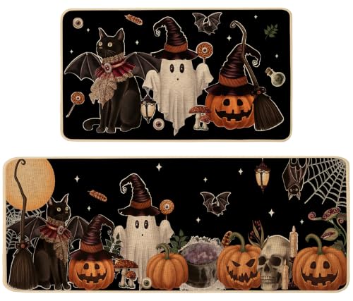 Spooky Ghost Halloween Kitchen Rugs Set of 2 - 17x29 & 17x47 Inches