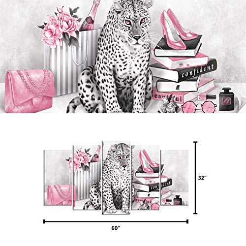 Leopard Canvas Wall Art Prints for Woman Bedroom - Pink, 60x32 Inches - 5 Piece Set