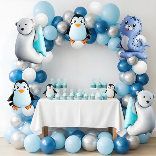 Winter Balloon Arch Kit with Polar Bear Penguin Seal Decorations - Blue, White, Silver, Variation