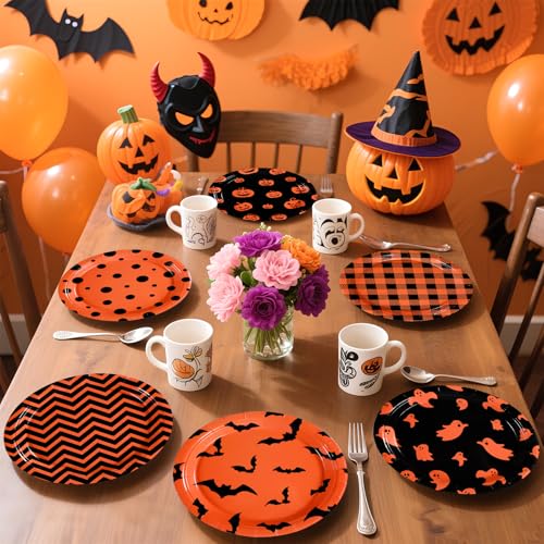 Halloween Paper Plates 9 Inch Pack - Heavy Duty Buffalo Plaid Ghost Pumpkin Design, Disposable Party Tableware
