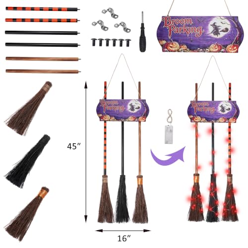 Halloween Wall Decor Broom Parking Sign with 3 Witch Brooms - Spooky Outdoor Indoor Halloween Decoration