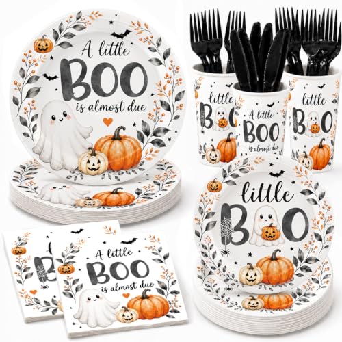 Halloween Baby Shower Tableware Set - 24 Plates Cups Napkins Cutlery
