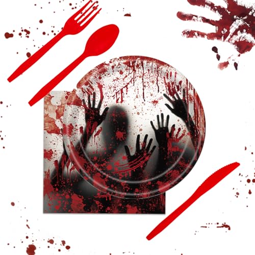 Bloody Halloween Party Dinnerware Set for 24 Guests - Zombie Horror Plates & Napkins