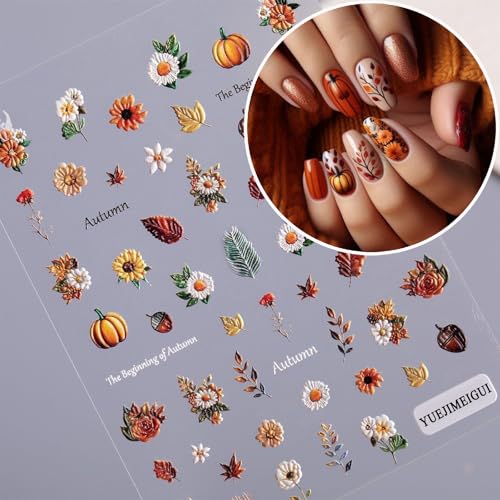 Pumpkin Maple Leaf Nail Art Stickers - Autumn 3D Embossed Decals for Manicure