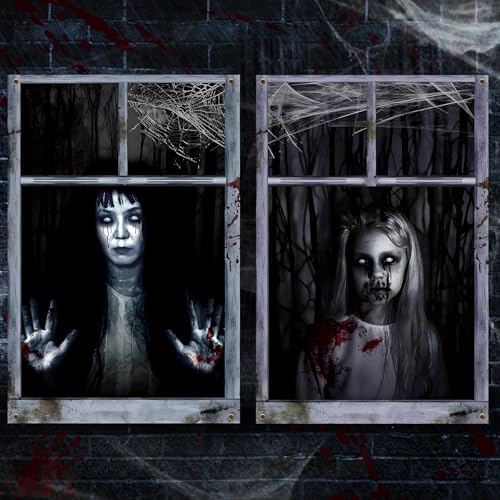 Ghost Halloween Curtain Set - Creepy Window & Door Cover, 2 Pack, 32x47 Inches - Ghost Variation
