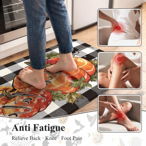 KIMODE Anti-Fatigue Kitchen Mat Set - Black & White Plaid, 2-Piece, 17.3x47 & 17.3x29 Inches, Non-Slip, Thick Cushioned Rugs