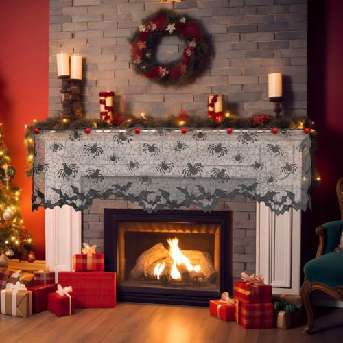 VALICLUD 4pcs Halloween Black Lace Window Curtain with Spider Web Bats - 60 Inch Decor