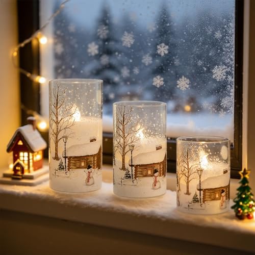 Snowman Flameless Candles with Remote & Timer - Battery Operated Christmas Holiday Decor - White LED Flickering Pillar Candles - 4 to 6 Inches - Snowman Remote Variation