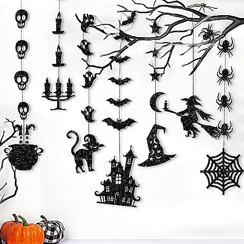 Halloween Black Glitter Banner Garland Decorations for Indoor Outdoor Parties