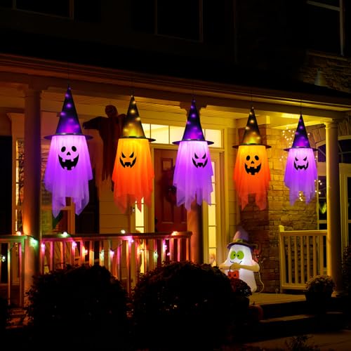 Halloween Outdoor Decorations 2 Pcs Glowing Ghost Witch Hats Hanging Decor - Variation of Ghosts Decor