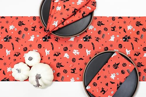 Halloween Table Runner 14x90 in Orange Black Cotton Haunted House Decor