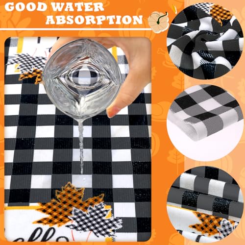 Fall Kitchen Towels Set - 4 Plaid Black Pumpkin Hand Towels - Autumn Decor