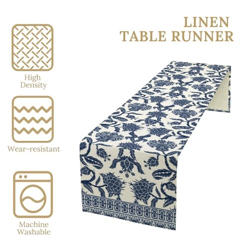 Asian Chinoiserie Blue Ceramic Table Runner 13x108in - Farmhouse Home Decor