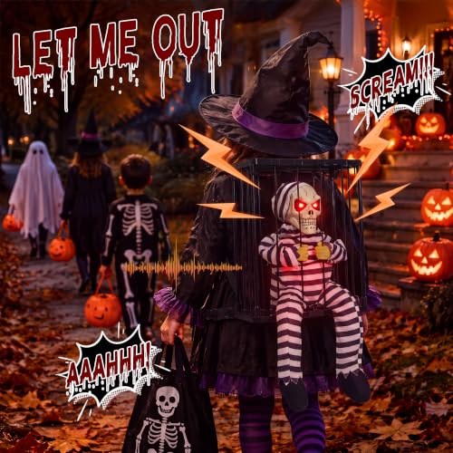 Outdoor Halloween Skeleton Decor with Motion-Activated Skull Prisoner