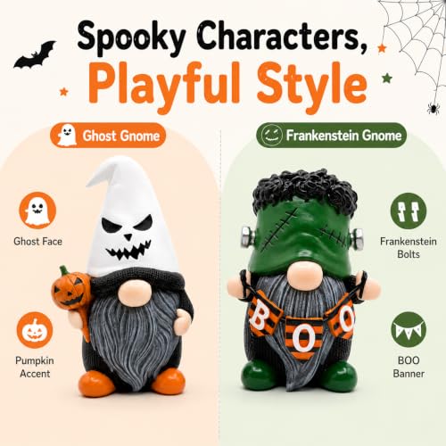 Halloween Gnome Decorations Set - Resin Ghost & Frankenstein Figures, 4-Inch Miniature
