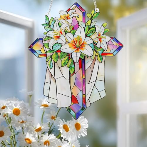 Stained Glass Cross Suncatcher with Floral Design - Religious Wall Decor Gift