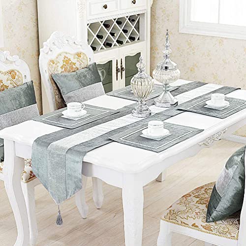 Grey Rhinestone Table Runner with Tassels - 13x84 Inch Wedding & Party Decor