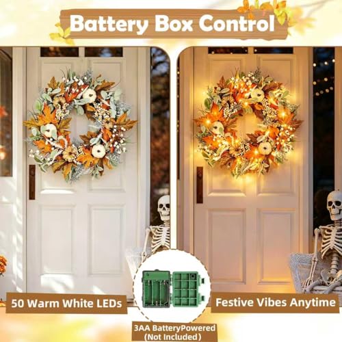 Yellow 24-Inch Pre-Lit Harvest Fall Wreath for Front Door - Thanksgiving Decor