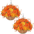 Orange Fall Hanging Basket Artificial Mums Set for Porch & Garden Decor - 2PCS