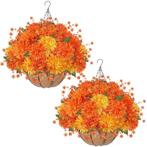Orange Fall Hanging Basket Artificial Mums Set for Porch & Garden Decor - 2PCS