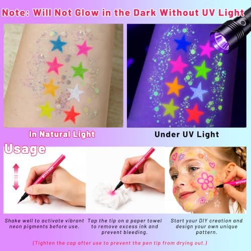 Glow in the Dark Body Face Paint & Glitter Gel Set - UV Neon Liquid Eyeliner, Waterproof & Washable - Variation 02#