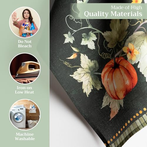 Pumpkin Garden Dark Green Kitchen Towel Set of 3 - Fall Thanksgiving Decor