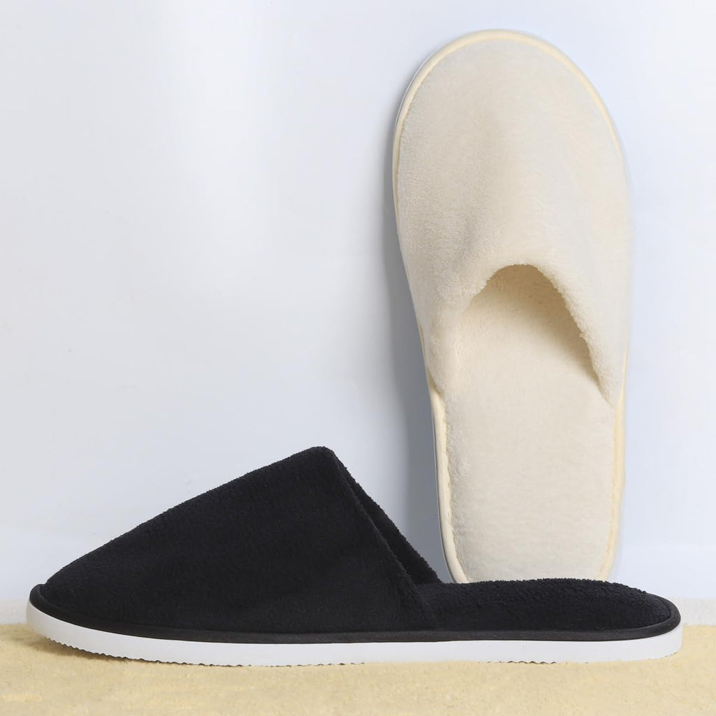 Yeios Disposable Slippers for Guest 12 Pairs Hotel Slippers Spa Slippers for Travel,0.78inch Extra Thick Sole 180GSM Coral Fleece Non-slip Reusable Washable,Two Size for Women and Men Beige and Black