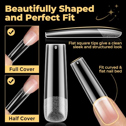 Extra Long Square Gel Nail Tips - 240 Pre-filed False Nails for Natural Look