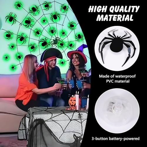 Green LED 3D Spider Halloween Decorations Set - 36pcs with 4 Sizes & Shapes