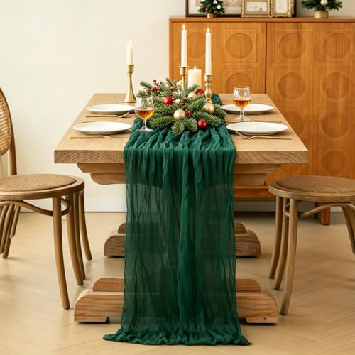 Emerald Green Christmas Table Runner 10ft Cheesecloth Rustic Holiday Decor - 3Pcs